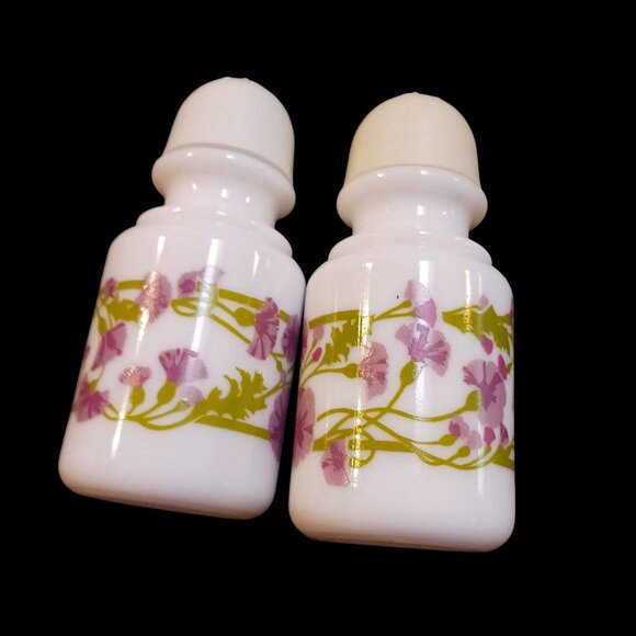 2pc Vintage Avon Milk Glass Shakers | Lilac Floral Kitsch Vanity Decor - Picture 9 of 12